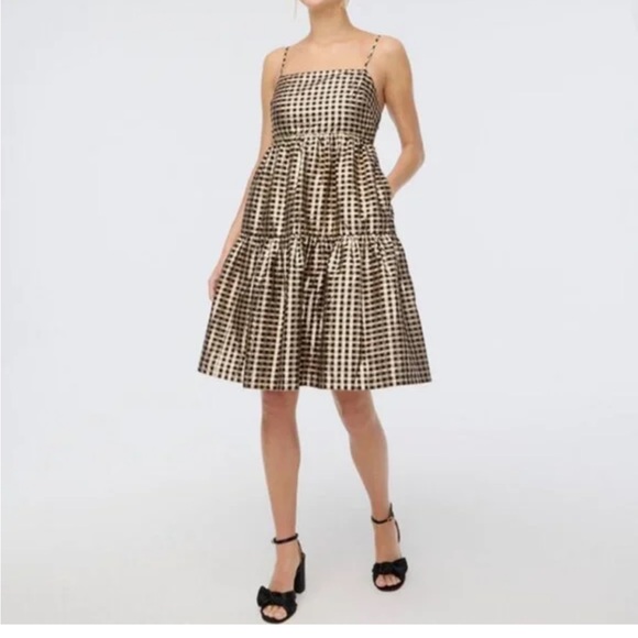 J. Crew Factory Dresses & Skirts - J.Crew Factory Lurex Black & Gold Gingham Tiered Mini Dress in black and gold 12